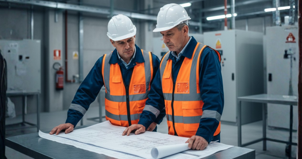 Engenheiros eletricistas analisando relatório técnico e diagrama unifilar em instalação industrial durante elaboração de laudo NR-10.