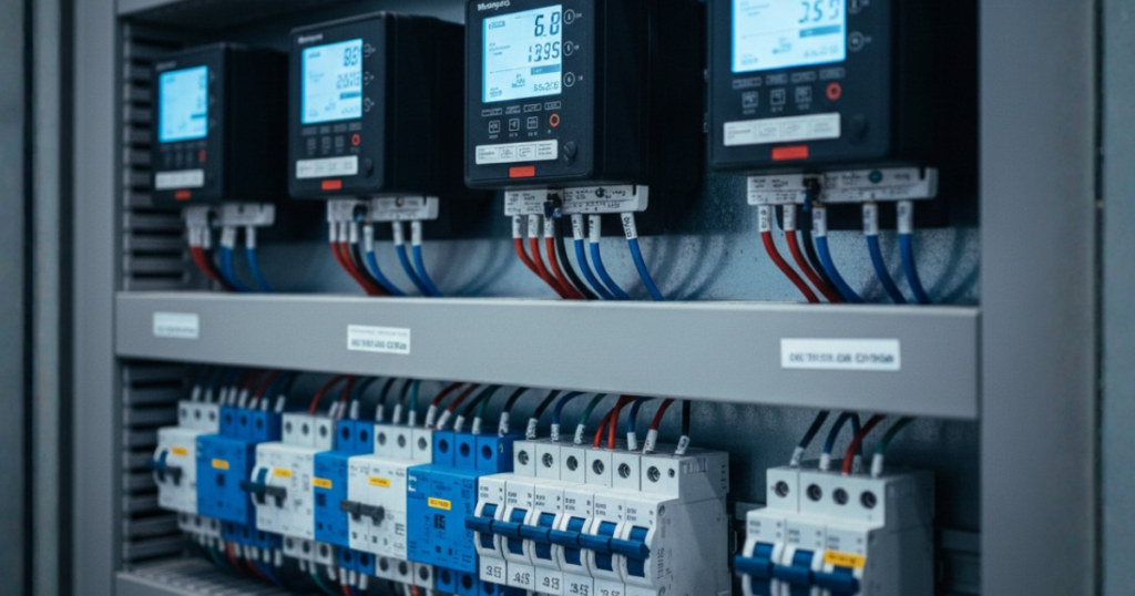 Painel de medição de energia elétrica industrial com medidores digitais e disjuntores identificados por circuito.