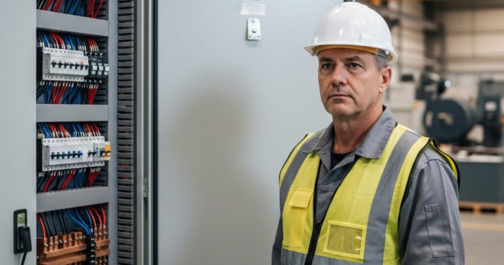 Engenheiro elétrico inspecionando painel elétrico industrial em conformidade com normas técnicas.