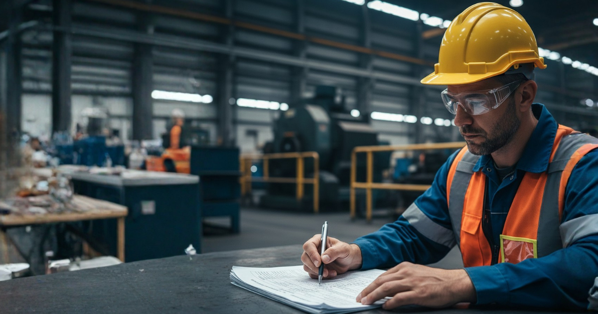 Engenheiro analisando relatório técnico de conformidade NR-12 em ambiente industrial com EPIs.